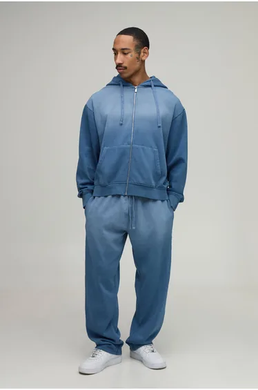 Oversized Boxy Distressed Washed Zip Thru Hoodie & Straight Leg Tracksuit - blue