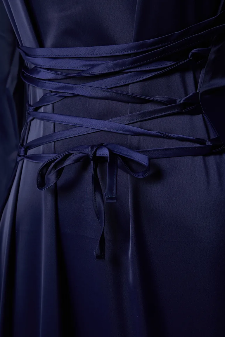 Navy Blue Brit Detailed Woven Satin Evening Dress - 4