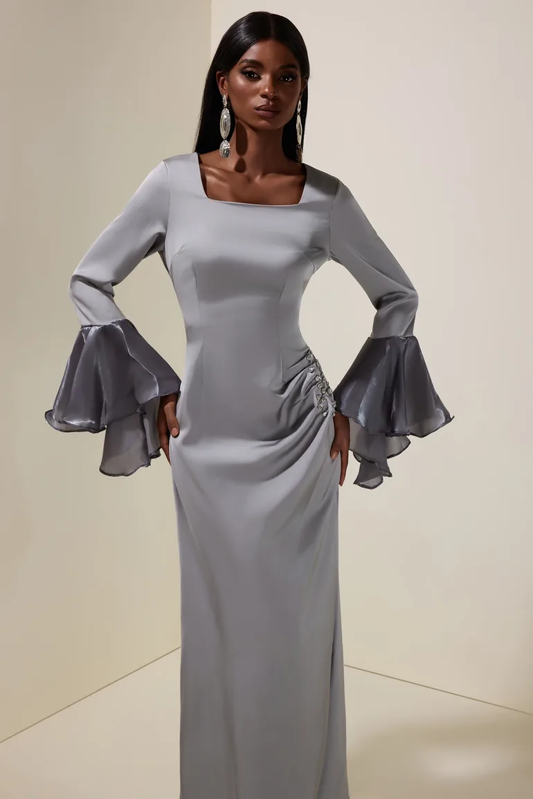 Satin Rhinestone Ruffle Maxi Dress - 3
