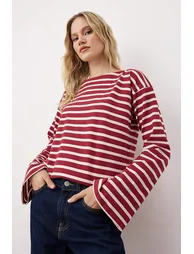 Burgundy Thick Cotton Striped Regular/Normal Pattern Knitted T-Shirt - 1