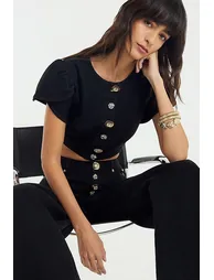 Black Denim Button Up Crop Top - 1