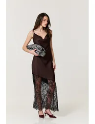 Brown Satin Lace Hem Maxi Dress - 5