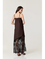 Brown Satin Lace Hem Maxi Dress - 9