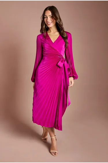 Satin Pleated Wrap Dress