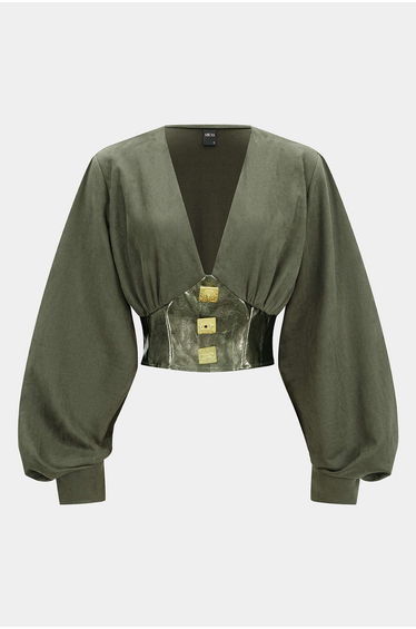 Faux Leather Suede Patchwork V-Neck Metallic Decor Long-Sleeve Top