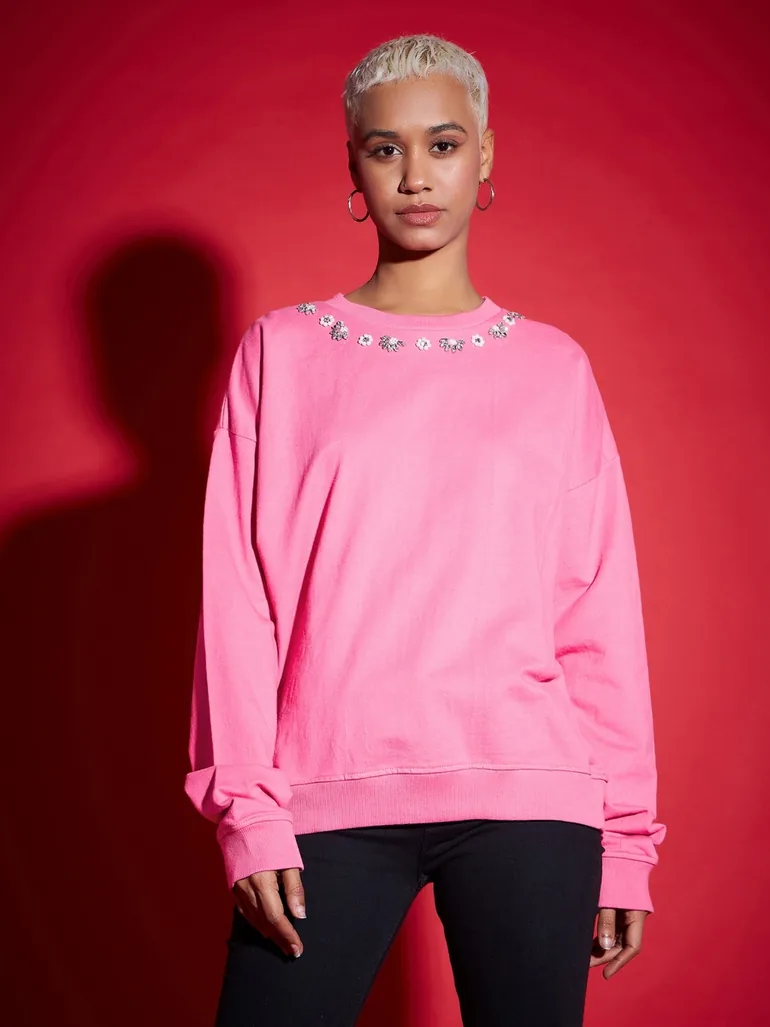 Oversized Studded Faux Pearl Terry Sweatshirt - 1