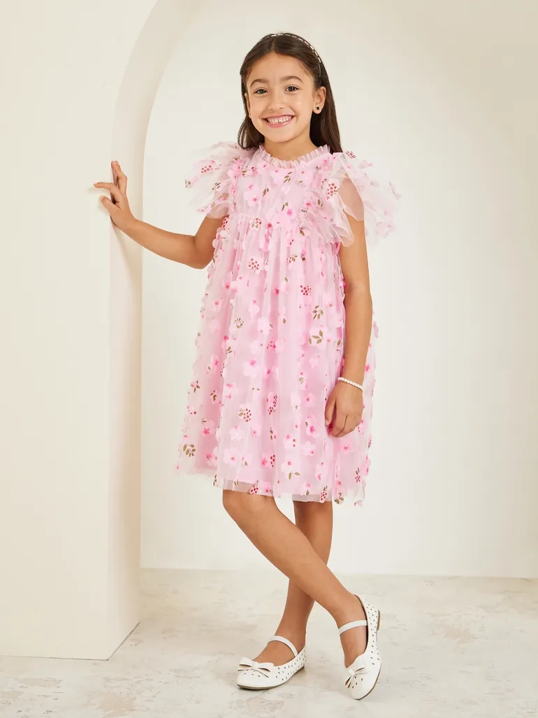Girls Pink Mesh Flower Embroidered Dress