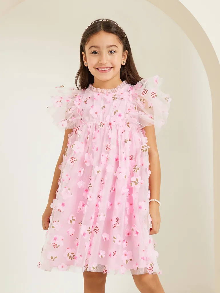 Girls Pink Mesh Flower Embroidered Dress - 1
