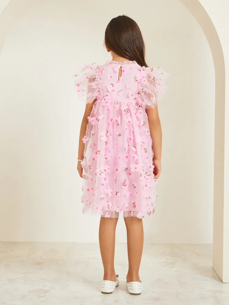 Girls Pink Mesh Flower Embroidered Dress - 3