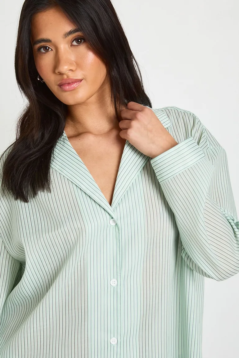 Cotton Pinstripe Oversized Long Sleeve Shirt & Short Pyjama Set - green - 3