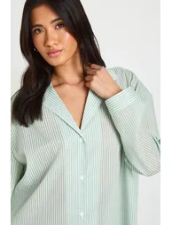 Cotton Pinstripe Oversized Long Sleeve Shirt & Short Pyjama Set - green - 3