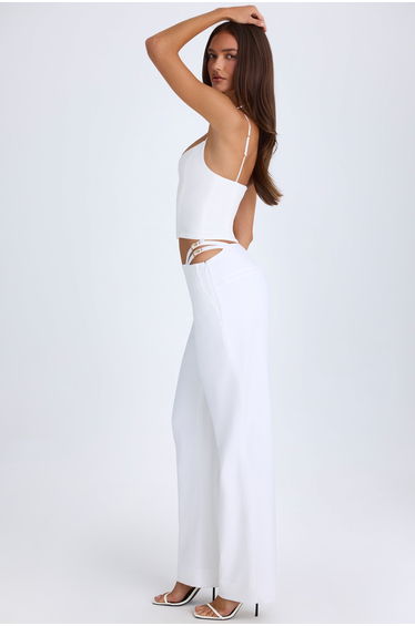 Belted Cut-Out Wide-Leg Trousers in White product thumbnail 4