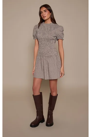 Grey Check Shirred Cap Sleeve Shift Dress