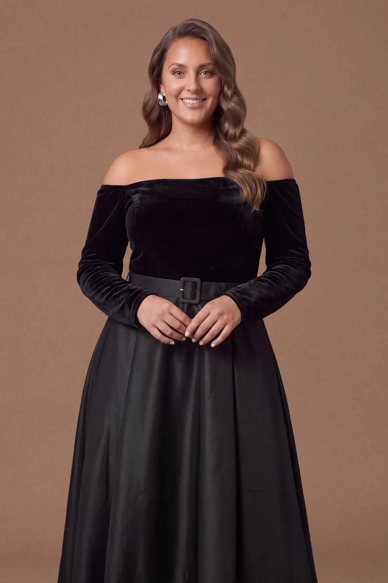 Plus Size Long Sleeve Bardot Full Skirted Midi Dress - 2