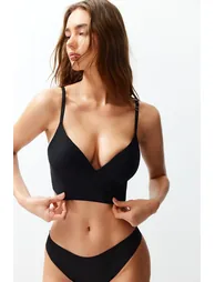Premium Black Micro Thread Strap Wire Free Padded/Push-Up Bralette Knitted Bra Thmss24Su00024