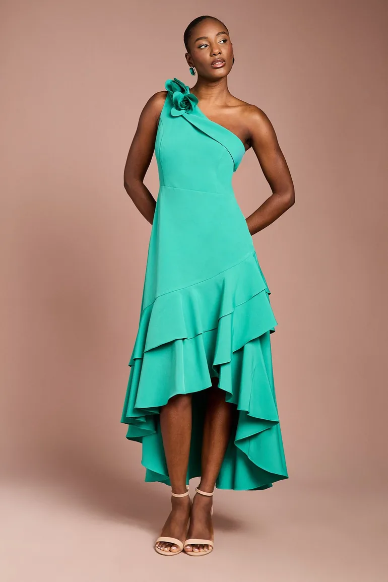 One Shoulder Corsage Ruffle Crepe Midi Dress