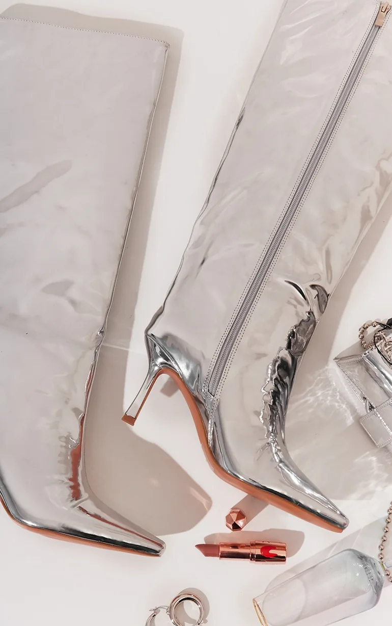 Silver Metallic Knee High Heeled Boots - 3