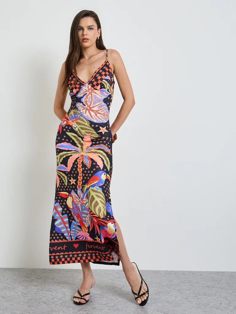 Multi-Color Graphic Print Side Slit Strappy Bodycon Dress - 2