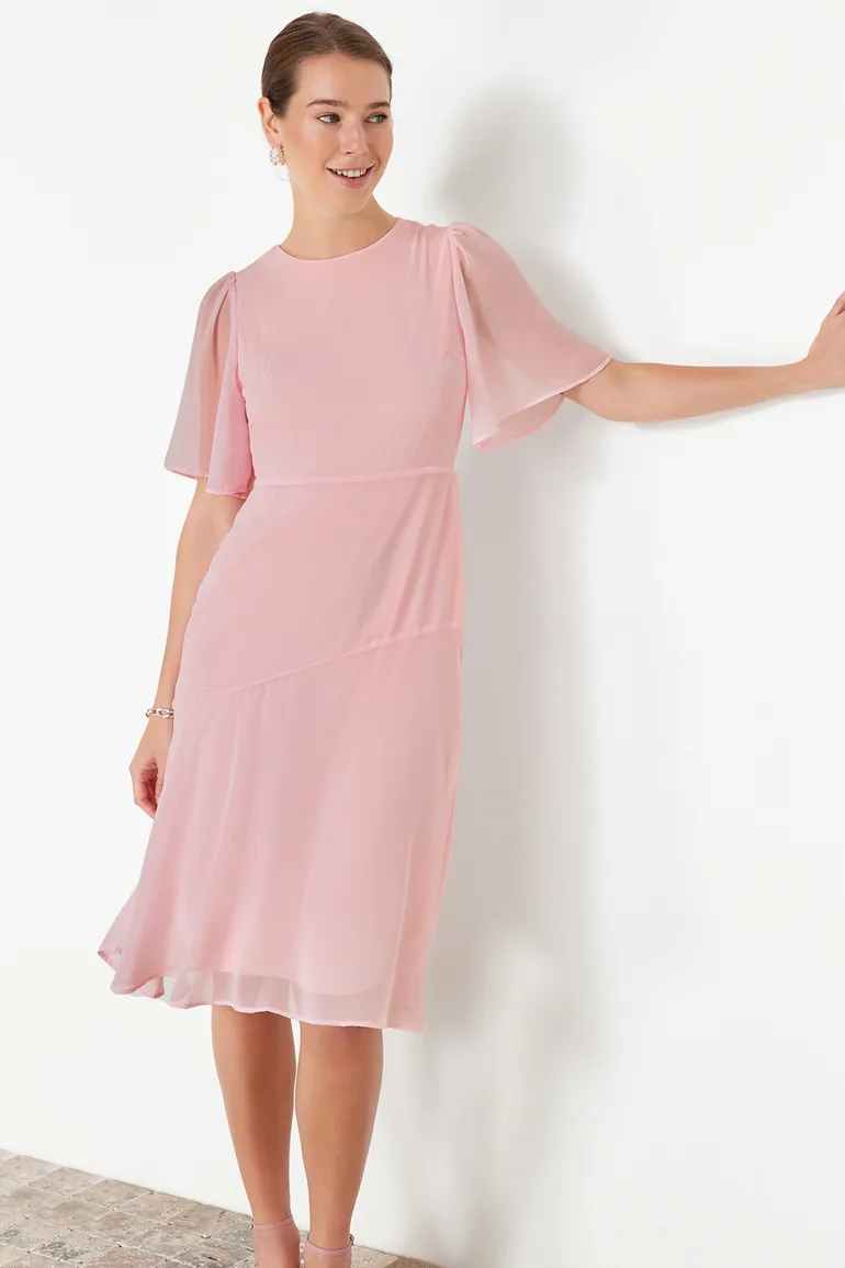 Powder Skirt Flounce A-line Chiffon Midi Lined Woven Dress
