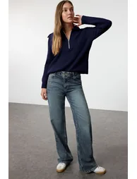 Navy Blue Wool Wide Pattern Turn-down Collar Zippered Knitwear Sweater - 1