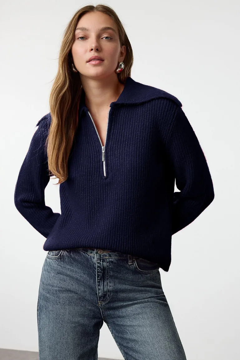 Navy Blue Wool Wide Pattern Turn-down Collar Zippered Knitwear Sweater