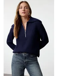 Navy Blue Wool Wide Pattern Turn-down Collar Zippered Knitwear Sweater