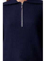 Navy Blue Wool Wide Pattern Turn-down Collar Zippered Knitwear Sweater - 3