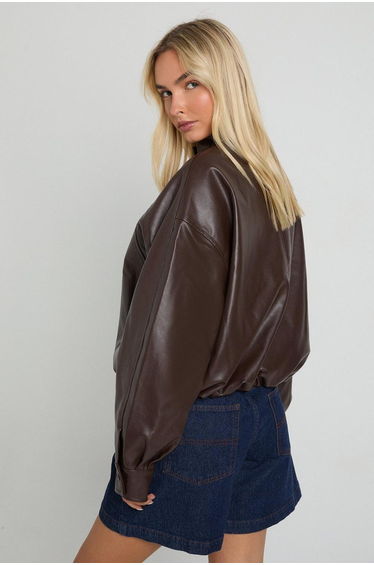 Faux Leather Bomber Jacket - chocolate product thumbnail 2