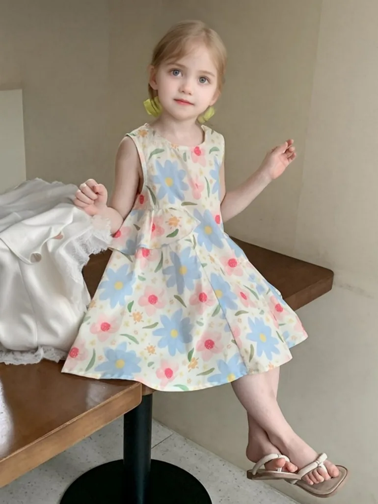 Girls Floral Print Sleeveless Dress - 1