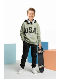 Stone*001 Boys' Cotton Printed Hooded Oversize Knitted Bottom - Top Set