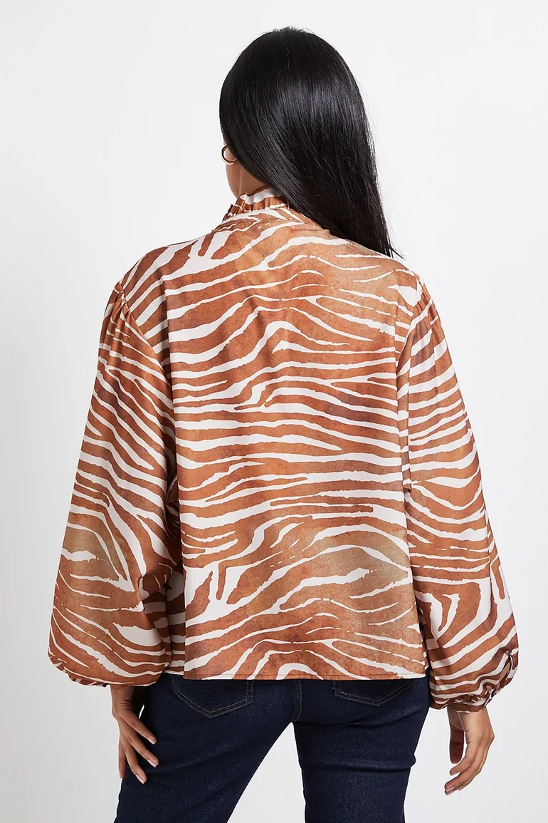 Petite Animal Ruffle Collar Button Blouse - 2