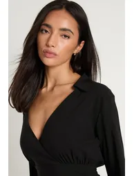 Bengaline Wrap Front Ruched Shirt Dress - black - 3