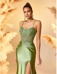 Leely Elegant Lace-Embellished Ruched Split Mermaid Evening Gown - 2