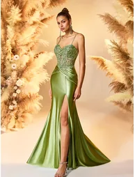 Leely Elegant Lace-Embellished Ruched Split Mermaid Evening Gown - 5