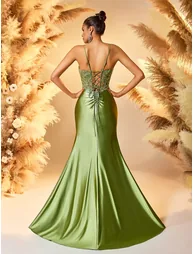 Leely Elegant Lace-Embellished Ruched Split Mermaid Evening Gown - 1