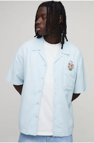 Oversized Floral Pocket Linen Blend Shirt - light blue