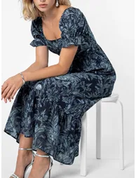 Lovedrobe Blue Floral Print Puff Sleeve Square Neck Midaxi Dress - 3