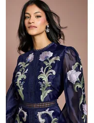 Petite Blouson Sleeve Embroidered Midi Dress - 3