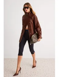 Brown Oversize Fit Adjustable Waist Faux Leather Jacket Coat - 1