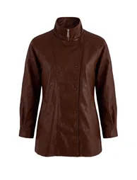 Brown Oversize Fit Adjustable Waist Faux Leather Jacket Coat - 5