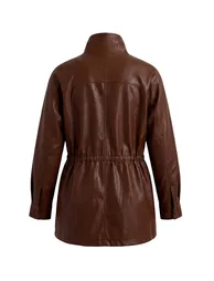 Brown Oversize Fit Adjustable Waist Faux Leather Jacket Coat - 7