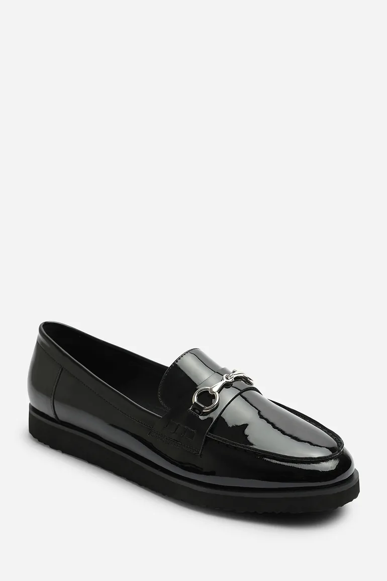 Ivexa Extra Wide Fit Flat Loafers with Silver Buckle Detail In Black Patent - 2