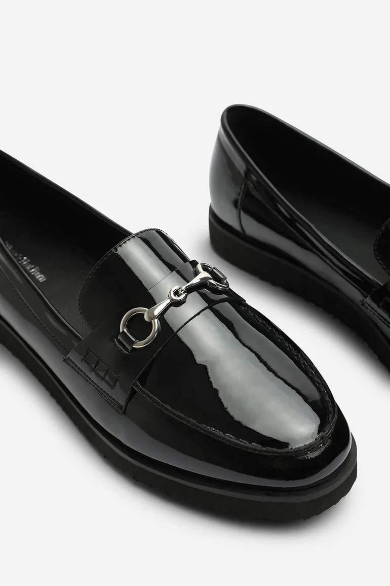 Ivexa Extra Wide Fit Flat Loafers with Silver Buckle Detail In Black Patent - 4
