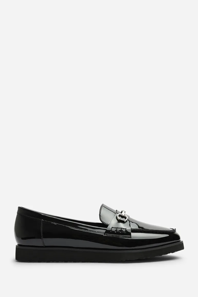Ivexa Extra Wide Fit Flat Loafers with Silver Buckle Detail In Black Patent - 1
