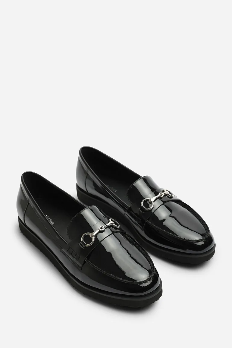 Ivexa Extra Wide Fit Flat Loafers with Silver Buckle Detail In Black Patent - 3