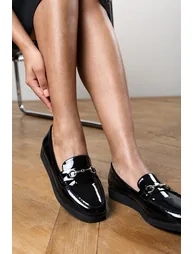 Ivexa Extra Wide Fit Flat Loafers with Silver Buckle Detail In Black Patent
