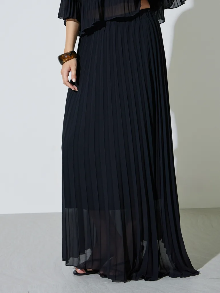 Black Pleated Blouse and Maxi Skirt Co-ord Set - 5