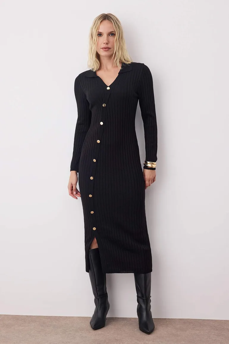 Black Plain Midi Asymmetrical Button Detailed Knitwear Long Dress - 1