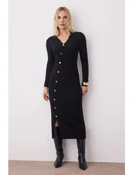 Black Plain Midi Asymmetrical Button Detailed Knitwear Long Dress - 1