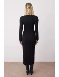 Black Plain Midi Asymmetrical Button Detailed Knitwear Long Dress - 3
